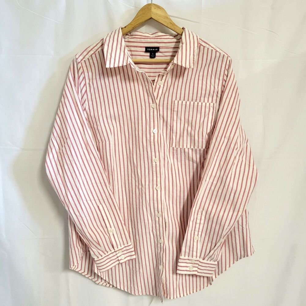 Torrid Red White Striped Button Down Shirt Long Sleeve Cotton Blouse Pocket Plus
